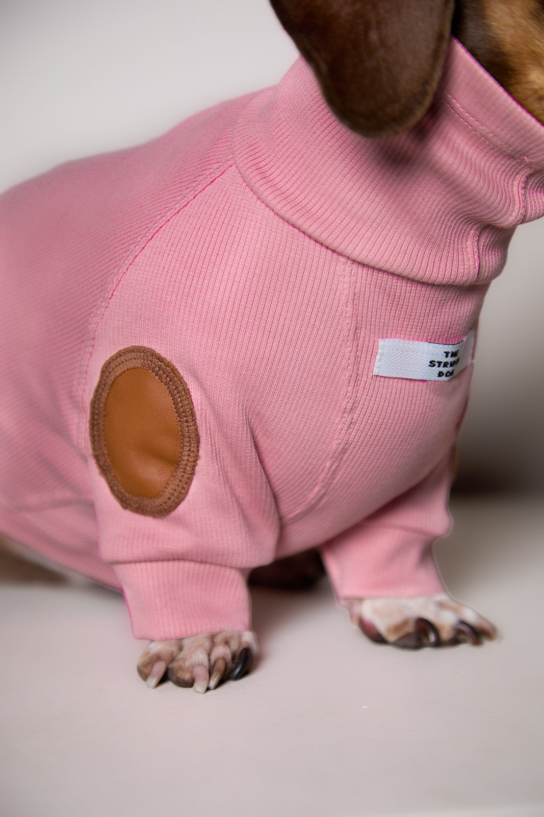 Sueter de Rib Cuello Tortuga Rosado y Parches MIST para Perro Salchicha