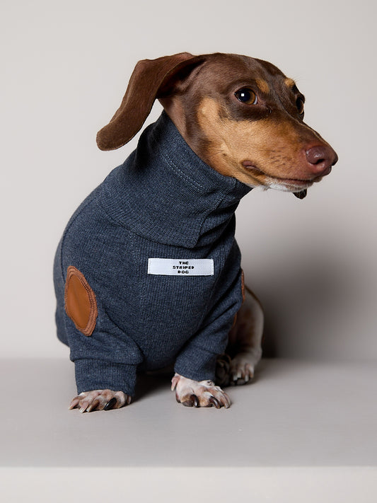 Sueter de Rib Cuello Tortuga Azul Jaspe y Parches MIST para Perro Salchicha