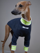 Cargar imagen en el visor de la galería, Sueter Azul Jaspe con Cuello y Puños a Rayas Beige y Verde Neon - Galgo Italiano / Whippet INDIGO
